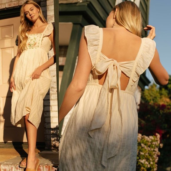 NEW Cream Apron Ruffle Square Neck Floral Embroidered Tie Back Cotton Midi Dress - Picture 12 of 12